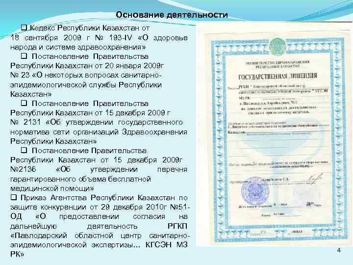 Основание деятельности q Кодекс Республики Казахстан от 18 сентября 2009 г № 193 -IV