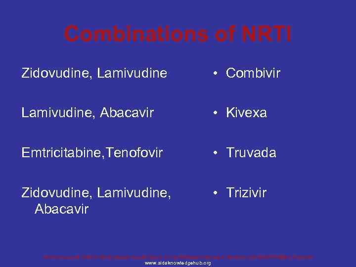 Combinations of NRTI Zidovudine, Lamivudine • Combivir Lamivudine, Abacavir • Kivexa Emtricitabine, Tenofovir •