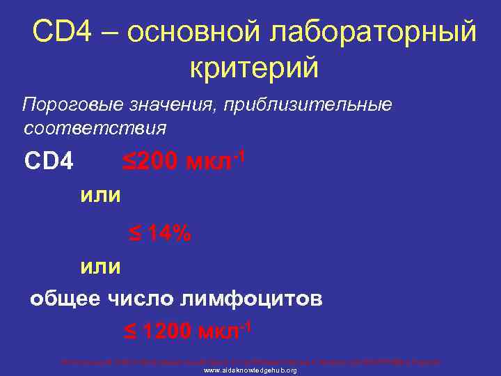 CD 4 – основной лабораторный критерий Пороговые значения, приблизительные соответствия CD 4 ≤ 200