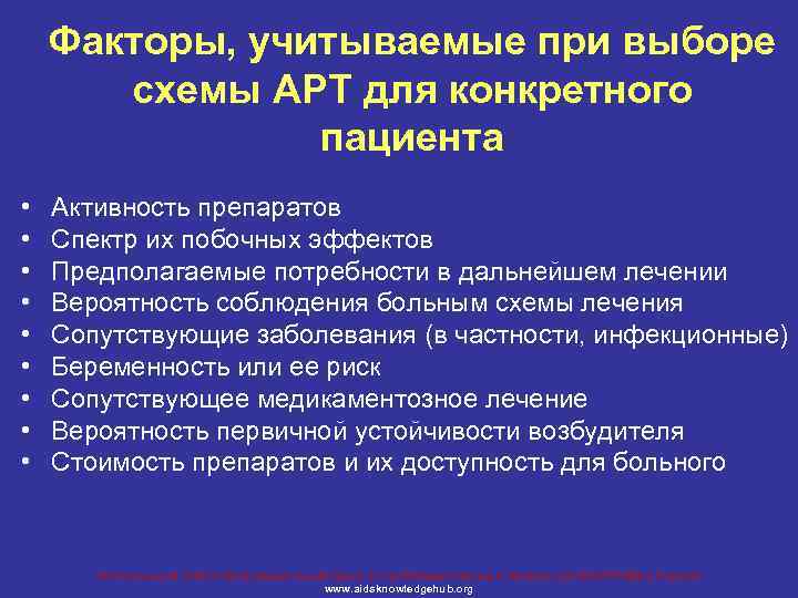 Факторы, учитываемые при выборе схемы АРТ для конкретного пациента • • • Активность препаратов