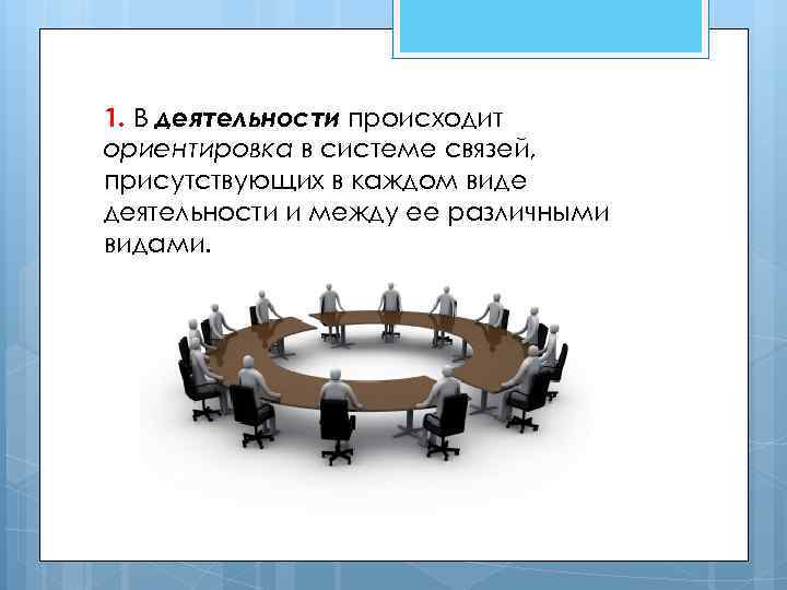 1. В деятельности происходит ориентировка в системе связей, присутствующих в каждом виде деятельности и