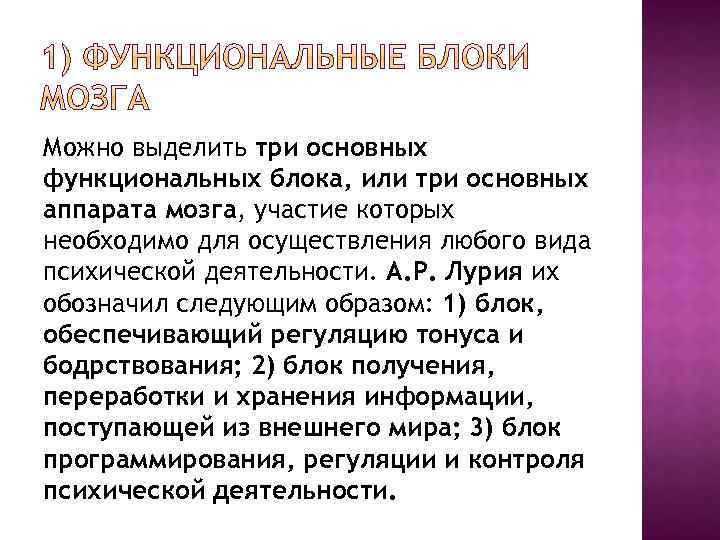 Можно выделить три основных функциональных блока, или три основных аппарата мозга, участие которых необходимо