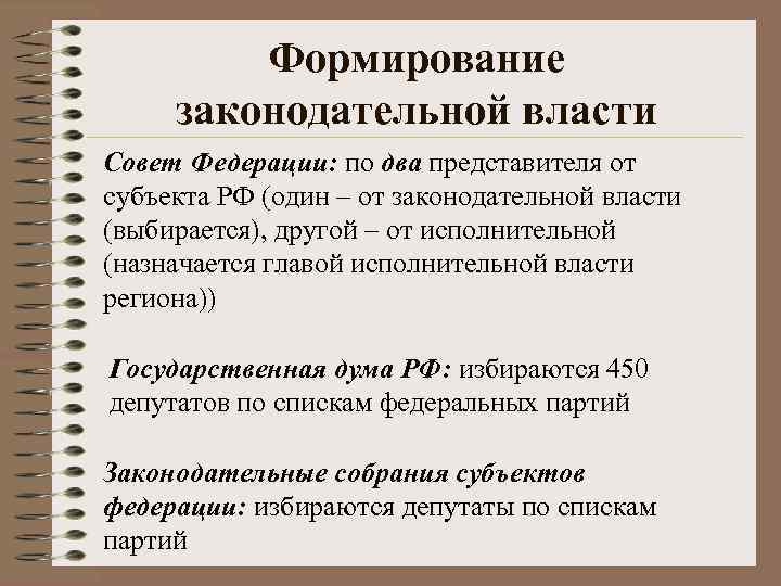 Формирование законодательной власти Совет Федерации: по два представителя от субъекта РФ (один – от