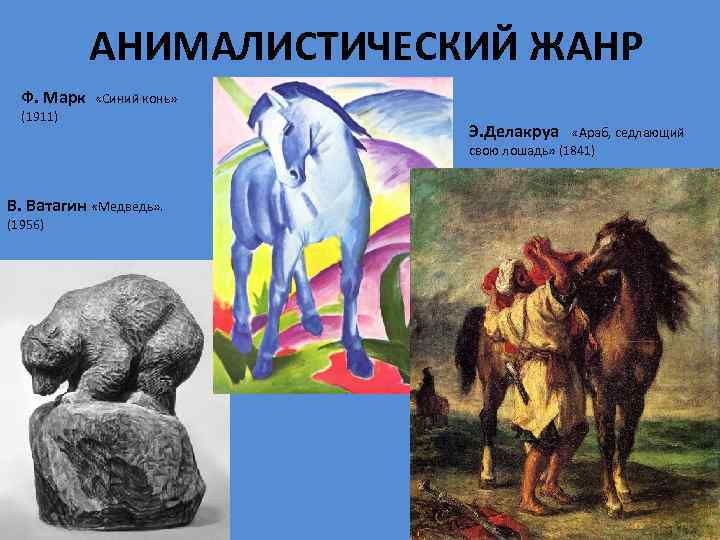 АНИМАЛИСТИЧЕСКИЙ ЖАНР Ф. Марк «Синий конь» (1911) Э. Делакруа «Араб, седлающий свою лошадь» (1841)