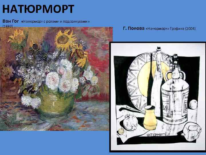НАТЮРМОРТ Ван Гог «Натюрморт с розами и подсолнухами» (1889) Г. Попова «Натюрморт» Графика (2004)