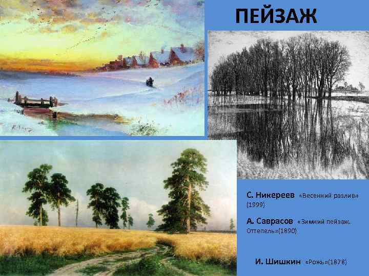 ПЕЙЗАЖ С. Никереев «Весенний разлив» (1999) А. Саврасов «Зимний пейзаж. Оттепель» (1890) И. Шишкин