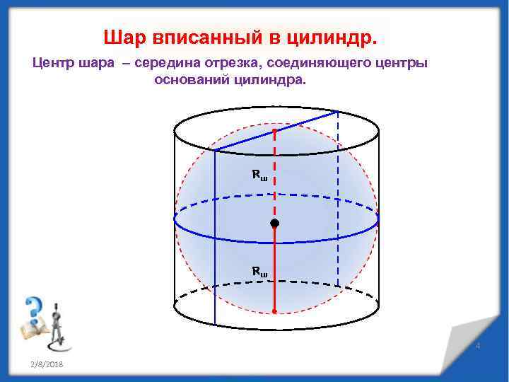 Шар вписанный в цилиндр. Центр шара – середина отрезка, соединяющего центры оснований цилиндра. Rш