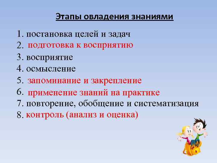 Этапы овладения знаниями 1. постановка целей и задач 2. подготовка к восприятию 3. восприятие