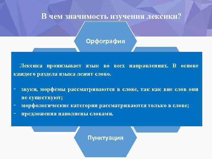 В чем значимость изучения лексики? Орфография Лексика пронизывает язык во всех направлениях. В основе