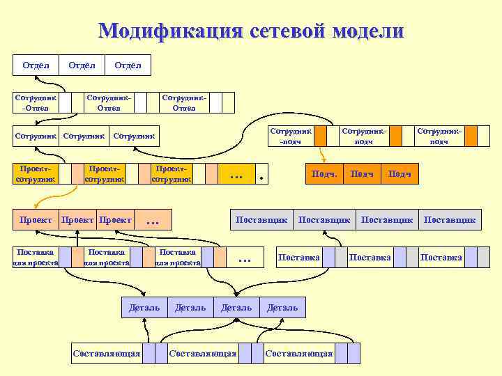 Модификация сетевой модели Отдел Сотрудник -Отдел Сотрудник -подч Сотрудник Проектсотрудник Проект Поставка для проекта