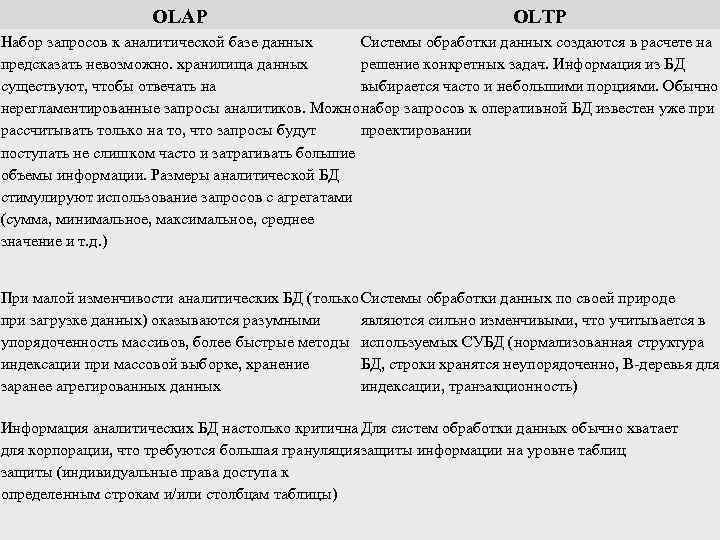 OLAP OLTP Набор запросов к аналитической базе данных Системы обработки данных создаются в расчете