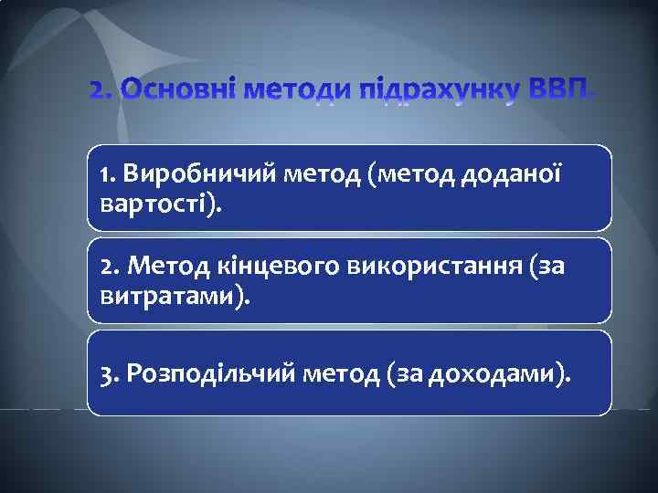 1. Виробничий метод (метод доданої вартості). 2. Метод кінцевого використання (за витратами). 3. Розподільчий