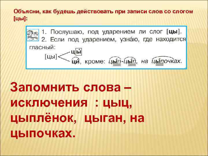 Объясни, как будешь действовать при записи слов со слогом [цы]: Запомнить слова – исключения