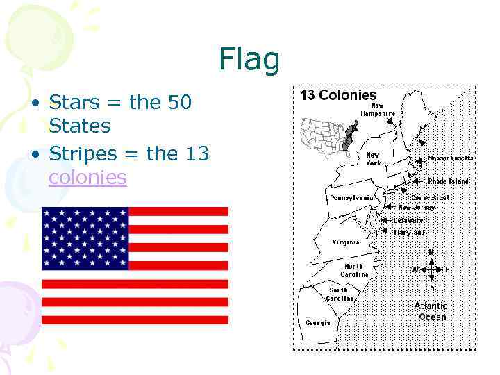 Flag • Stars = the 50 States • Stripes = the 13 colonies 