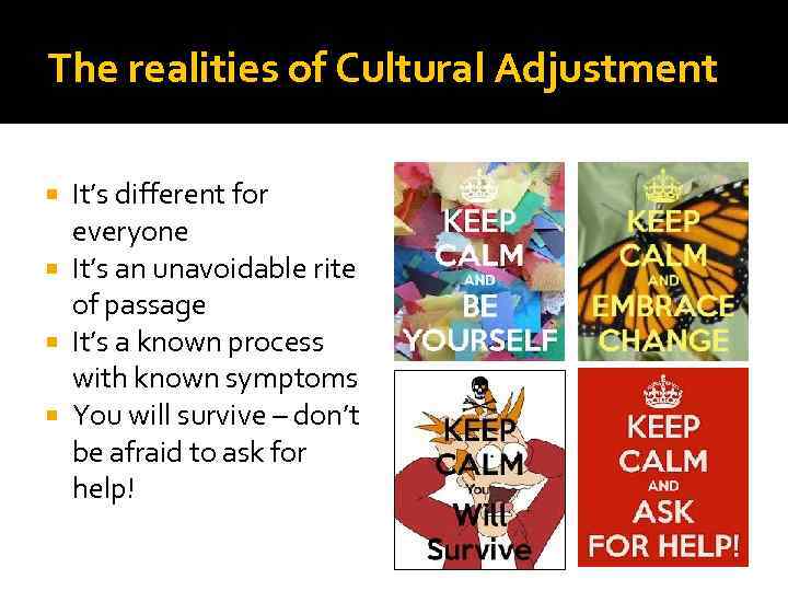 The realities of Cultural Adjustment It’s different for everyone It’s an unavoidable rite of