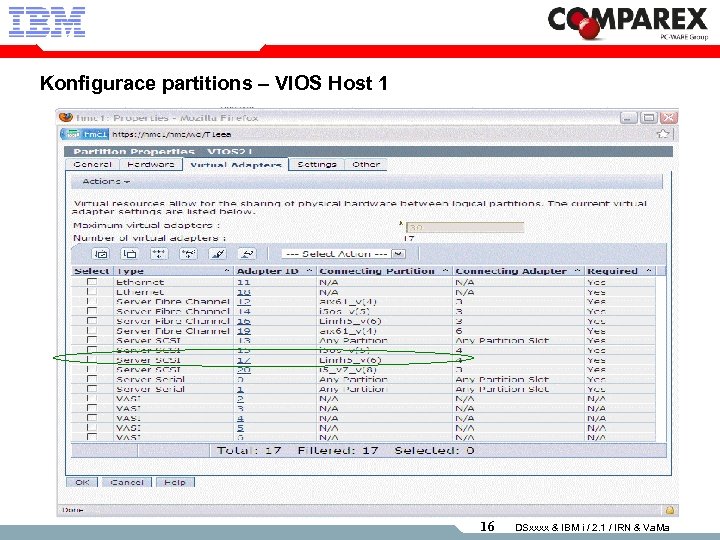Konfigurace partitions – VIOS Host 1 16 DSxxxx & IBM i / 2. 1
