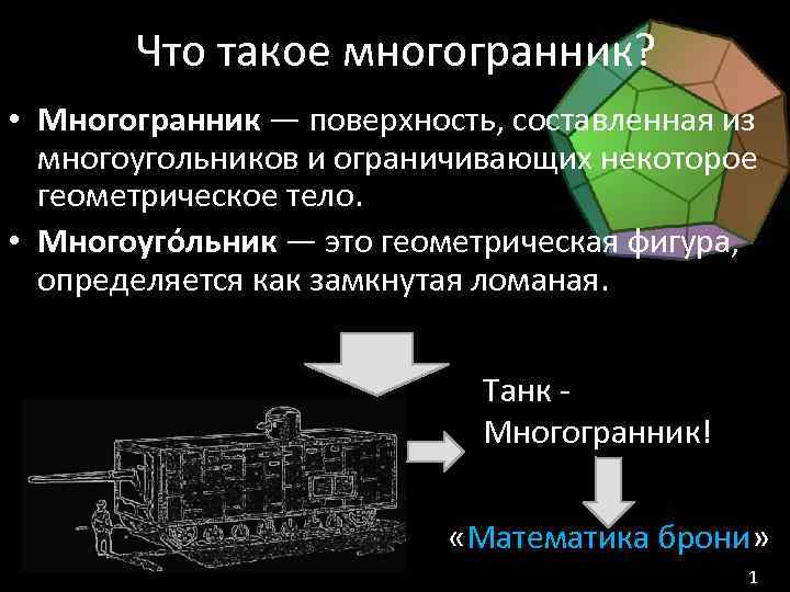 Что такое многогранник? • Многогранник — поверхность, составленная из многоугольников и ограничивающих некоторое геометрическое