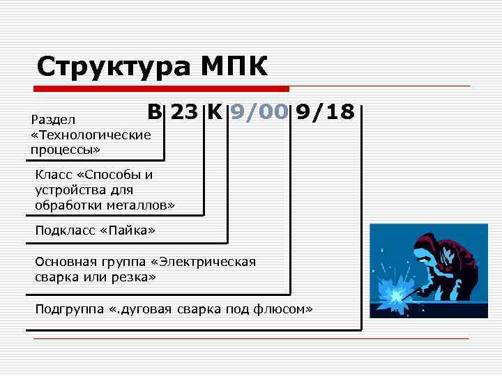 Структура МПК B 23 K 9/00 9/18 Раздел «Технологические процессы» Класс «Способы и устройства