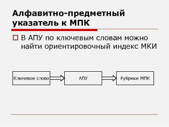 Алфавитно-предметный указатель к МПК o В АПУ по ключевым словам можно найти ориентировочный индекс
