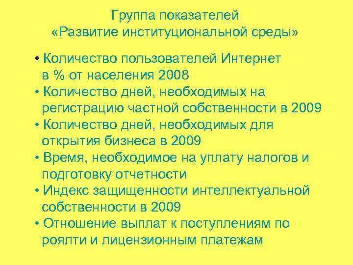 Группа показателей «Развитие институциональной среды» • Количество пользователей Интернет в % от населения 2008