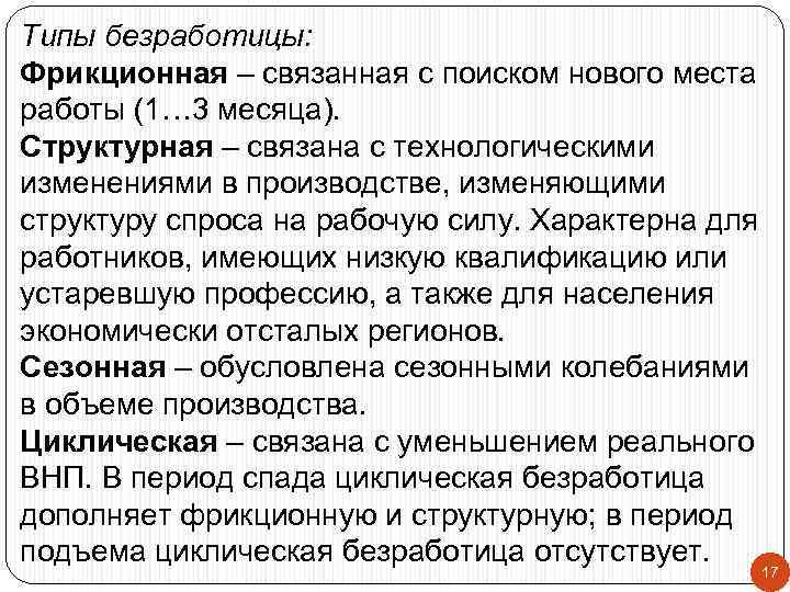 Типы безработицы: Фрикционная – связанная с поиском нового места работы (1… 3 месяца). Структурная