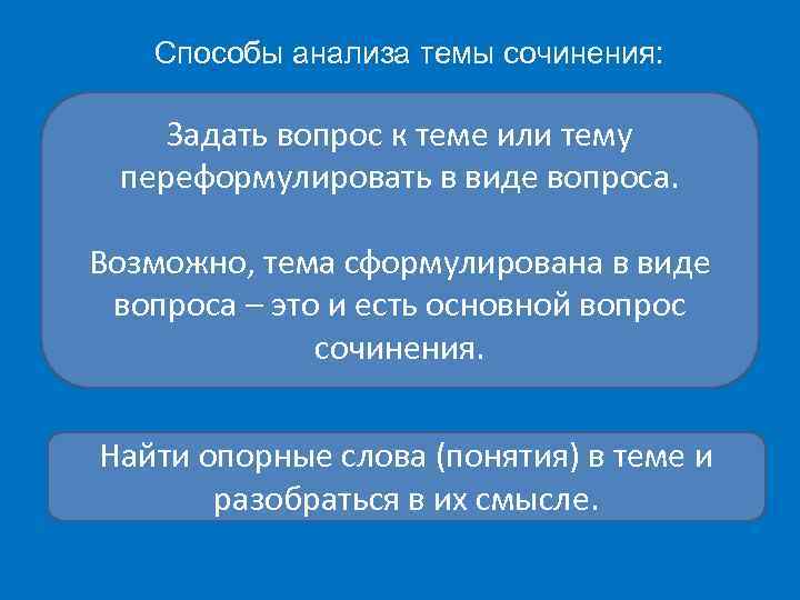 Способы анализа темы сочинения: Задать вопрос к теме или тему переформулировать в виде вопроса.