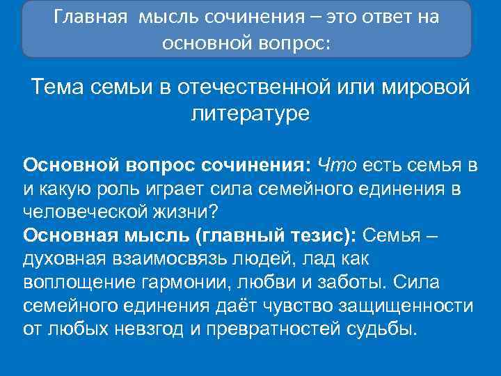 Главная мысль сочинения – это ответ на основной вопрос: Тема семьи в отечественной или