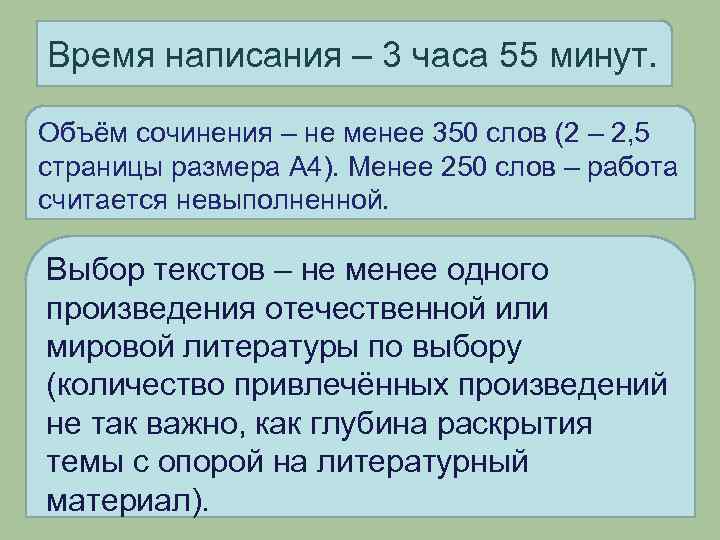 Время написания – 3 часа 55 минут. Объём сочинения – не менее 350 слов