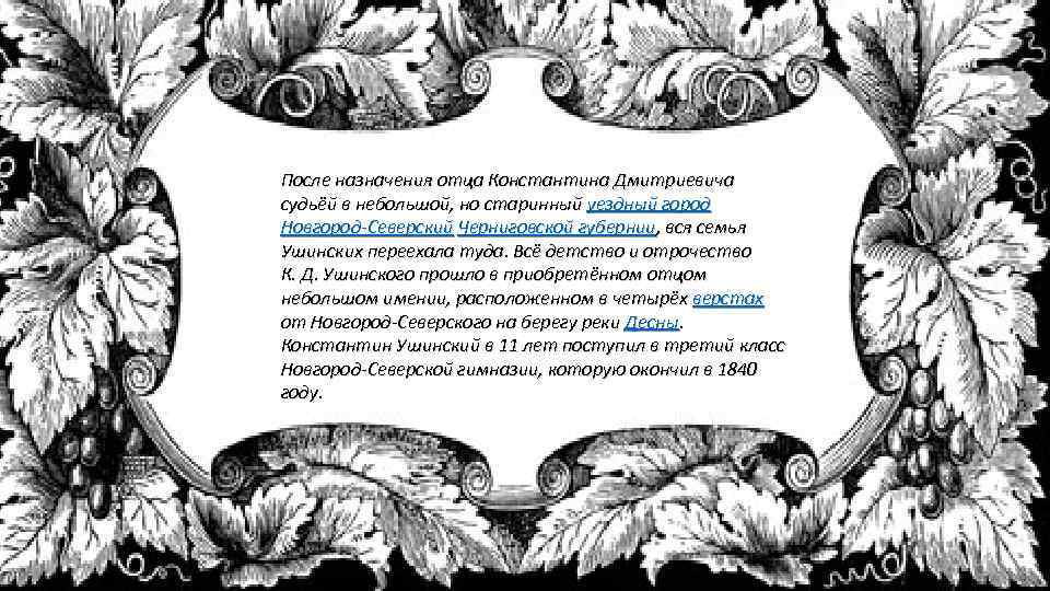 После назначения отца Константина Дмитриевича судьёй в небольшой, но старинный уездный город Новгород-Северский Черниговской