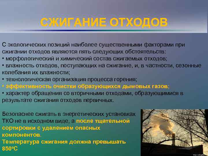 СЖИГАНИЕ ОТХОДОВ С экологических позиций наиболее существенными факторами при сжигании отходов являются пять следующих