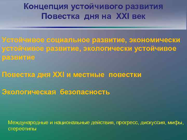 Концепция устойчивого развития Повестка дня на XXI век Устойчивое социальное развитие, экономически устойчивое развитие,