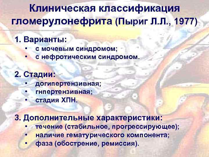 Клиническая классификация гломерулонефрита (Пыриг Л. Л. , 1977) 1. Варианты: • • с мочевым