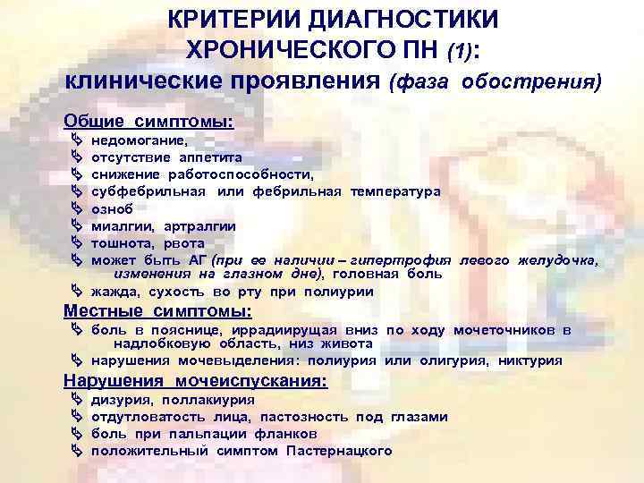 КРИТЕРИИ ДИАГНОСТИКИ ХРОНИЧЕСКОГО ПН (1): клинические проявления (фаза обострения) Общие симптомы: недомогание, отсутствие аппетита