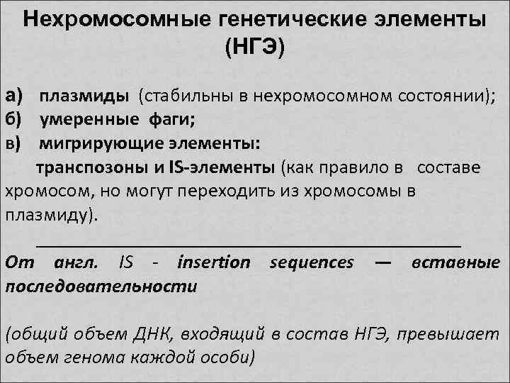 Нехромосомные генетические элементы (НГЭ) а) плазмиды (стабильны в нехромосомном состоянии); б) умеренные фаги; в)