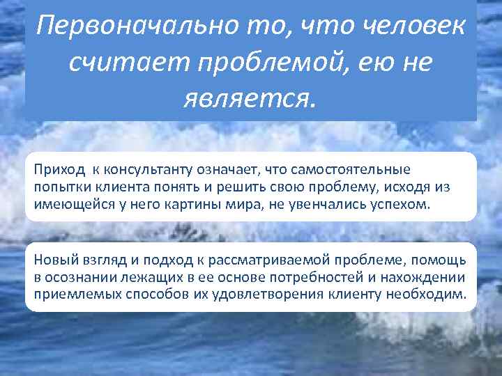 Первоначально то, что человек считает проблемой, ею не является. Приход к консультанту означает, что