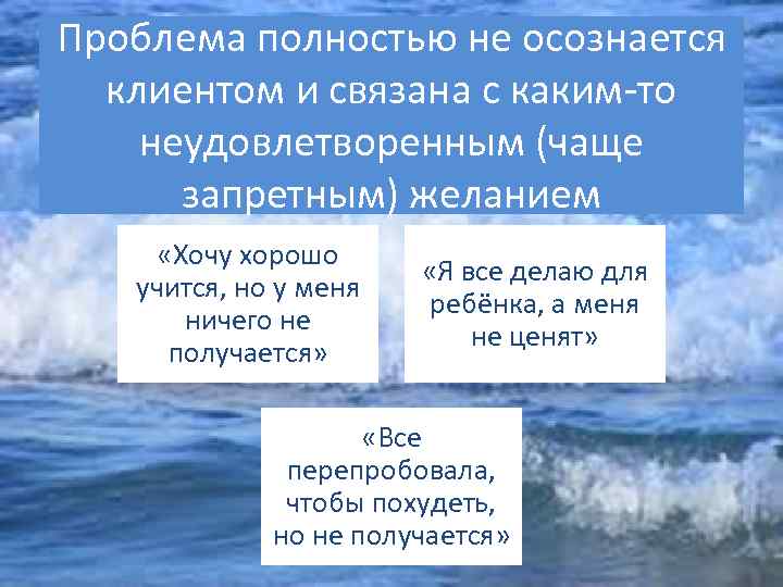 Проблема полностью не осознается клиентом и связана с каким-то неудовлетворенным (чаще запретным) желанием «Хочу