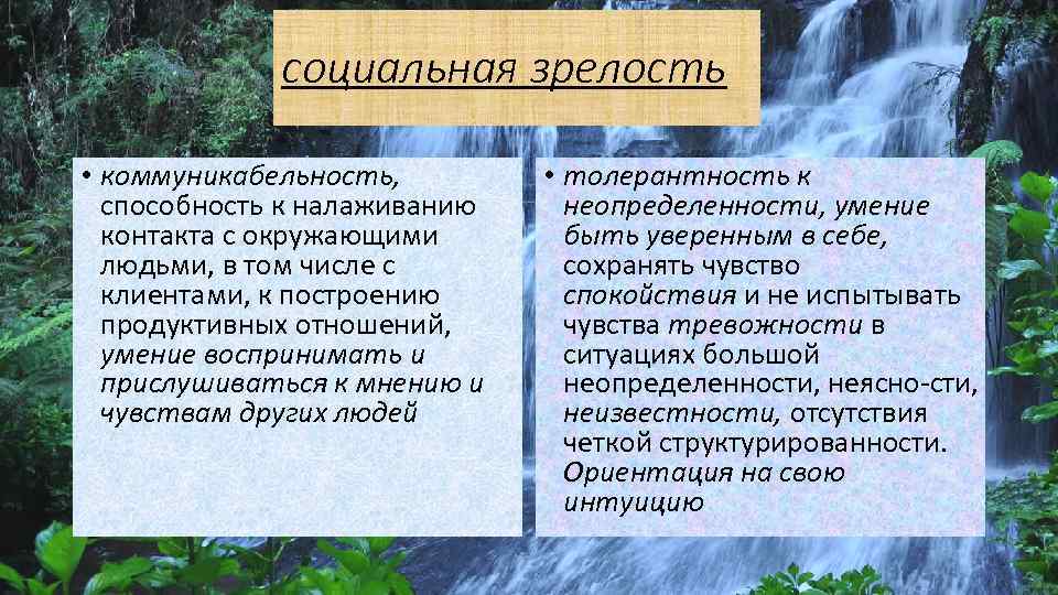 социальная зрелость • коммуникабельность, способность к налаживанию контакта с окружающими людьми, в том числе