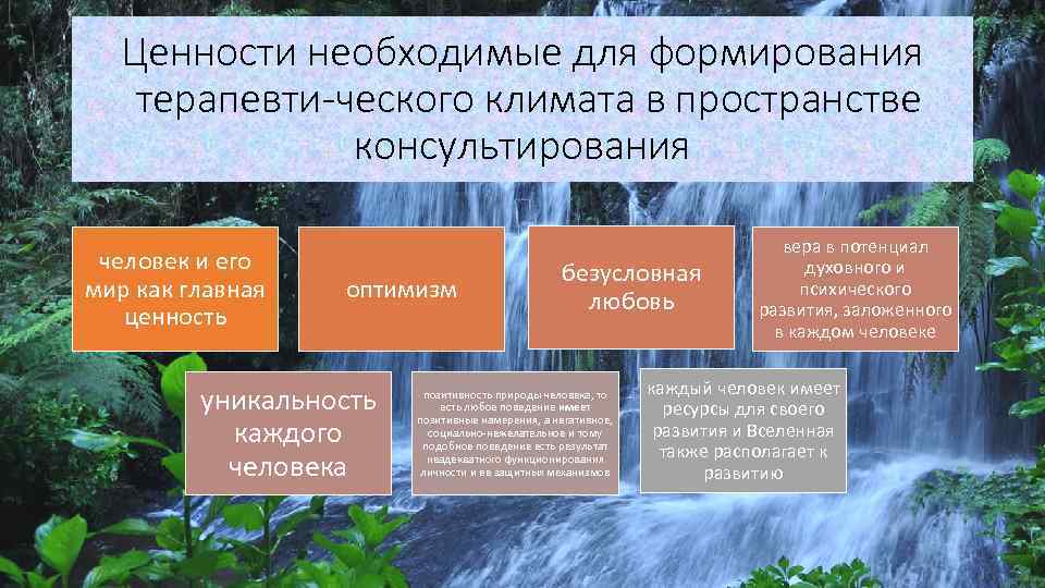 Ценности необходимые для формирования терапевти ческого климата в пространстве консультирования человек и его мир