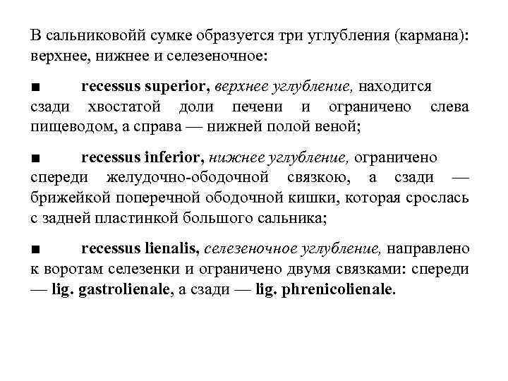 В сальниковойй сумке образуется три углубления (кармана): верхнее, нижнее и селезеночное: ■ recessus superior,