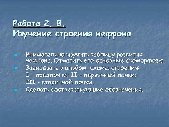 Работа 2, В. Изучение строения нефрона n n n Внимательно изучить таблицу развития нефрона.