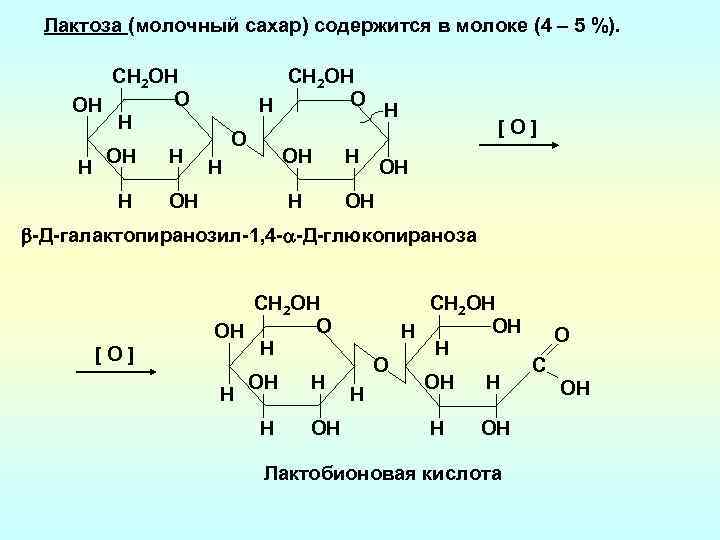Лактоза (молочный сахар) содержится в молоке (4 – 5 %). CН 2 OH O