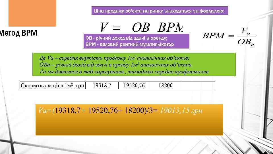 Ціна продажу об'єкта на ринку знаходиться за формулою: Метод ВРМ ОВ - річний доход