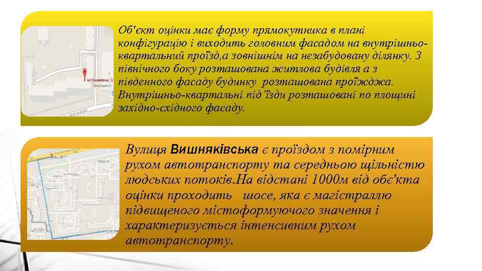 Об'єкт оцінки має форму прямокутника в плані конфігурацію і виходить головним фасадом на внутрішньоквартальний