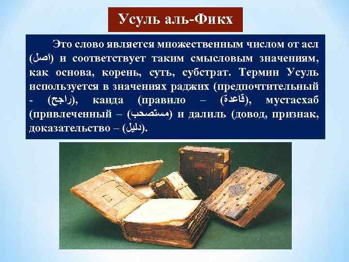 Усуль аль-Фикх Это слово является множественным числом от асл ( )ﺍﺻﻞ и соответствует таким