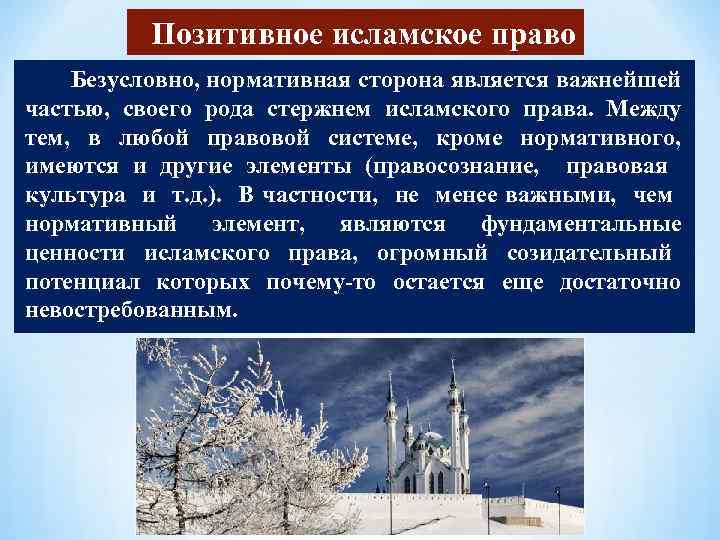 Позитивное исламское право Безусловно, нормативная сторона является важнейшей частью, своего рода стержнем исламского права.