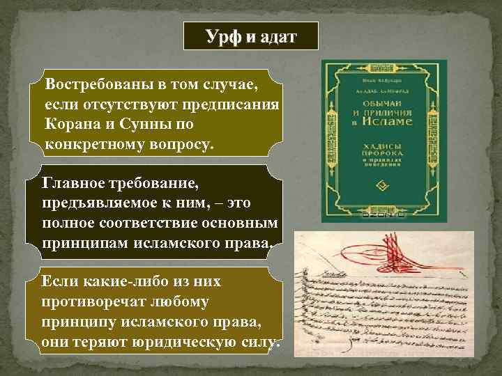 Урф и адат Востребованы в том случае, если отсутствуют предписания Корана и Сунны по
