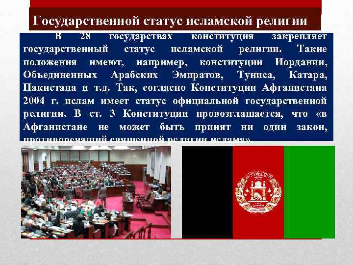 Государственной статус исламской религии В 28 государствах конституция закрепляет государственный статус исламской религии. Такие