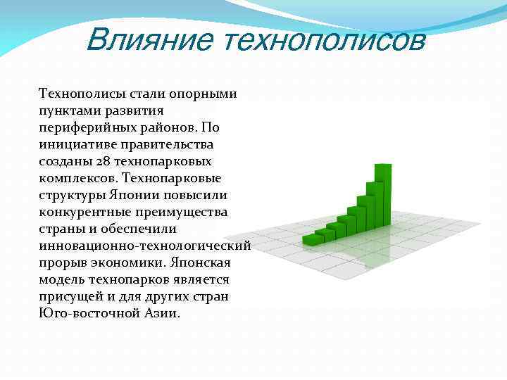 Влияние технополисов Технополисы стали опорными пунктами развития периферийных районов. По инициативе правительства созданы 28