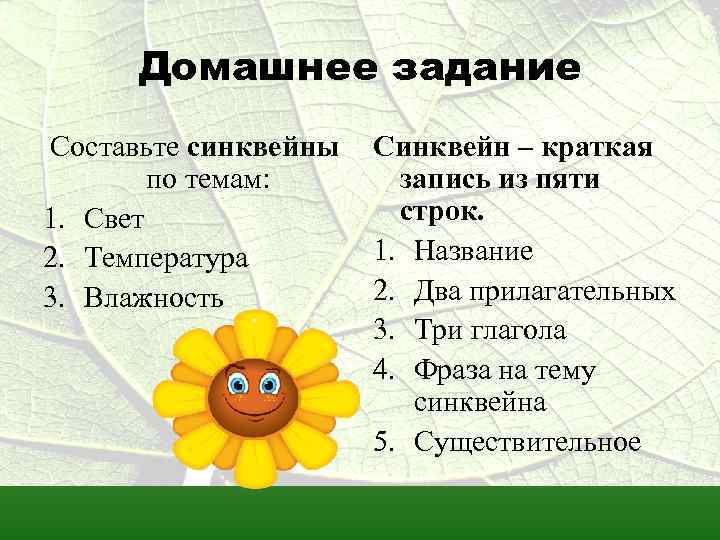Домашнее задание Составьте синквейны по темам: 1. Свет 2. Температура 3. Влажность Синквейн –