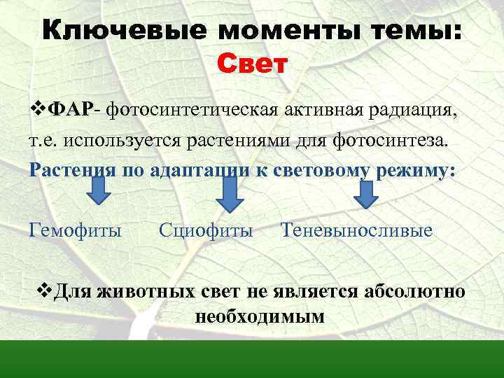 Ключевые моменты темы: Свет v. ФАР- фотосинтетическая активная радиация, т. е. используется растениями для